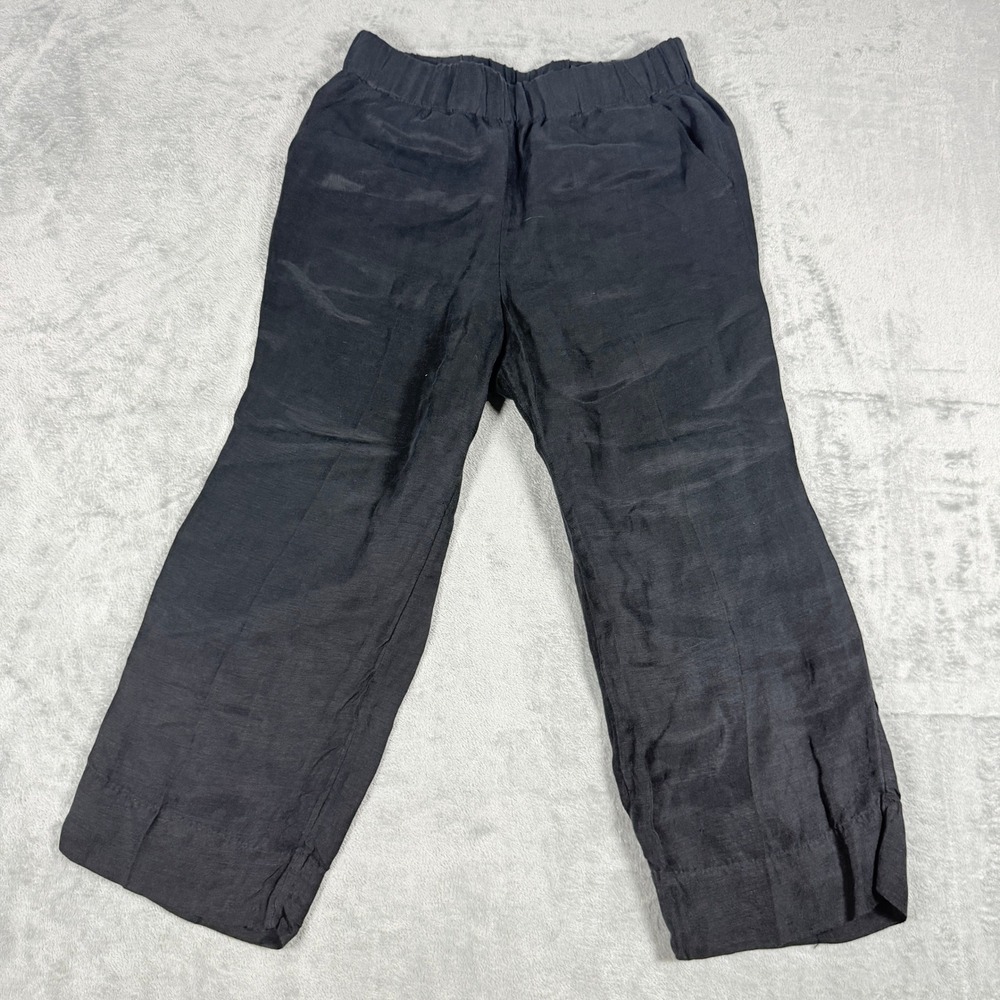 J.Crew Womens LP Pants Black Linen Cupro Blend Elastic Waist Wide Leg Cropped